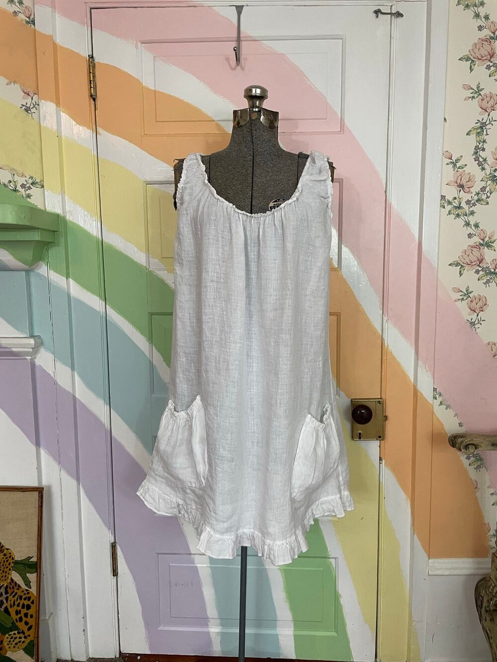 Colette Italian Linen White Ruffle Pocket Swing Tank Dress OS